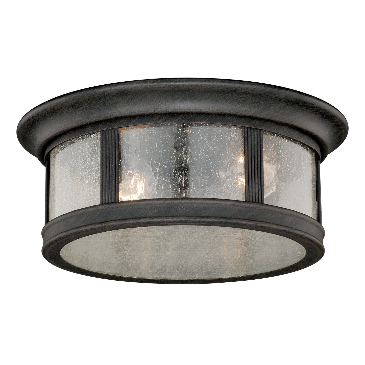 Vaxcel Hanover 12" 2-Light Brushed Iron Round Outdoor Flush Mount Ceiling Light With Seeded Glass Shades