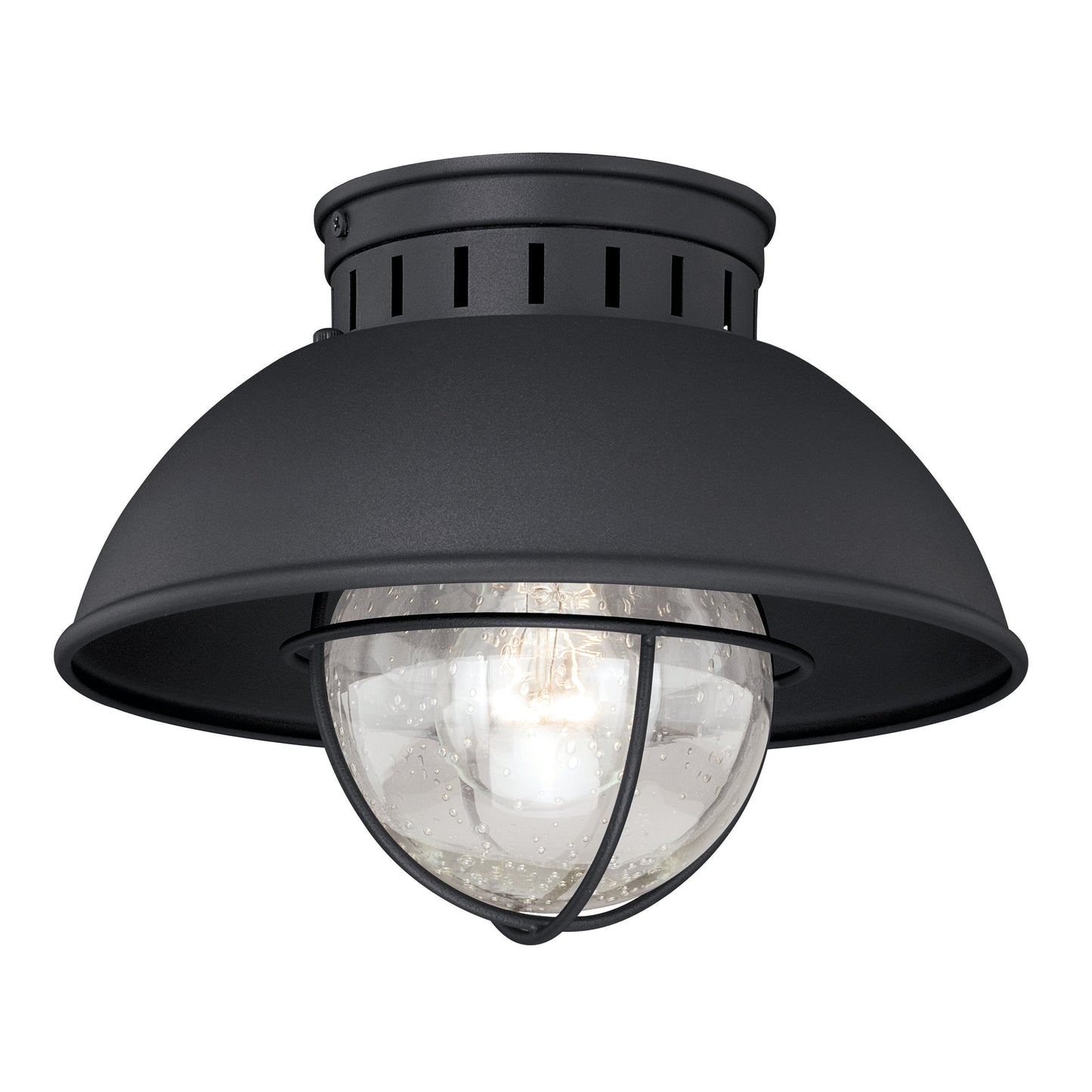 Vaxcel Harwich 10" 1-Light Textured Black Coastal Outdoor Flush Mount Ceiling Light With Clear Seeded Glass Shade