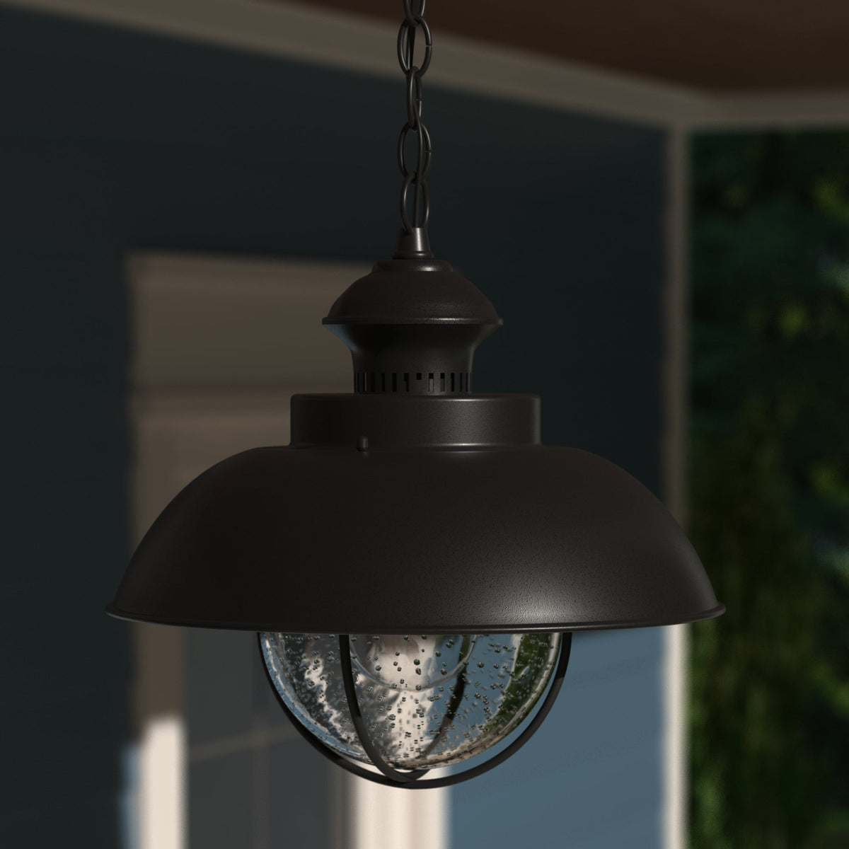 Vaxcel Harwich 10" 1-Light Textured Black Coastal Outdoor Pendant Light With Clear Seeded Glass Shade