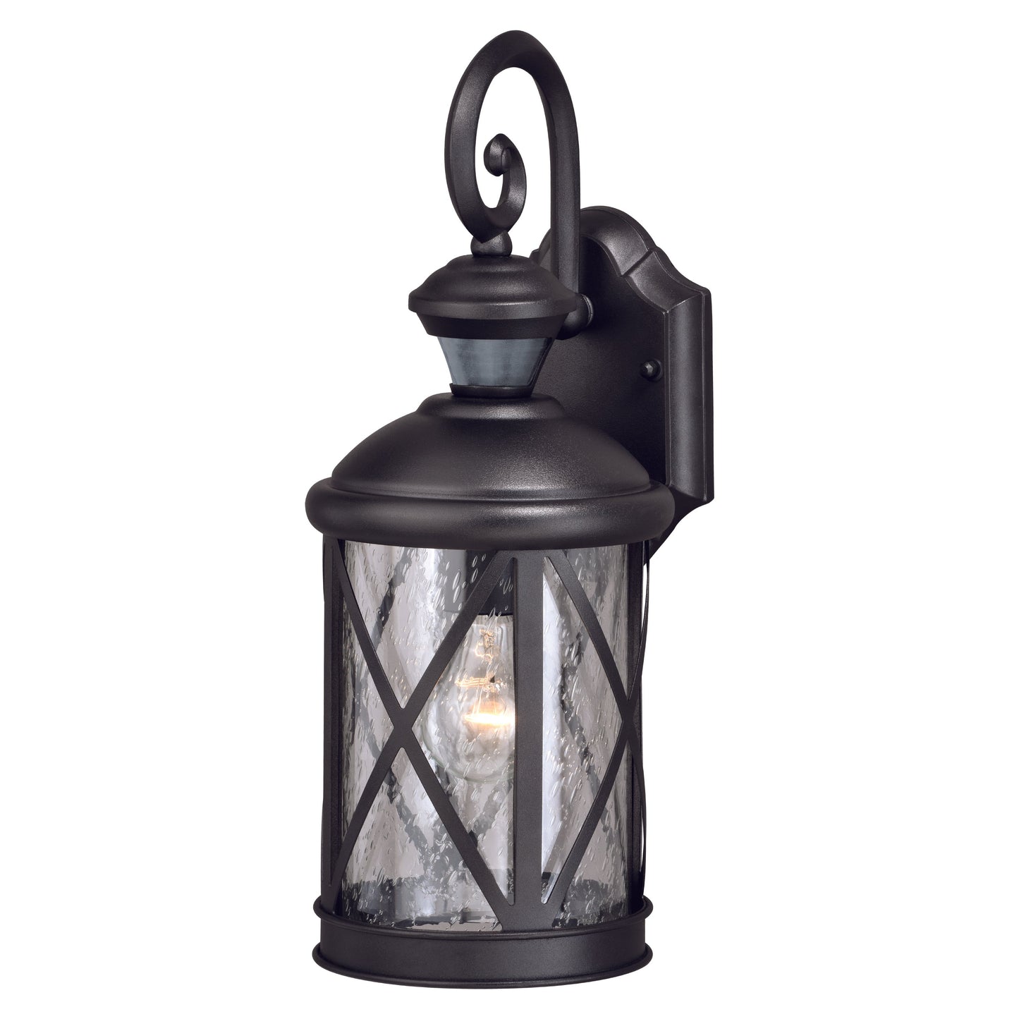 Vaxcel Henderson 7" 1-Light Textured Black Motion Sensor Dusk-to-Dawn Traditional Outdoor Latern Wall Light With Clear Seeded Shade