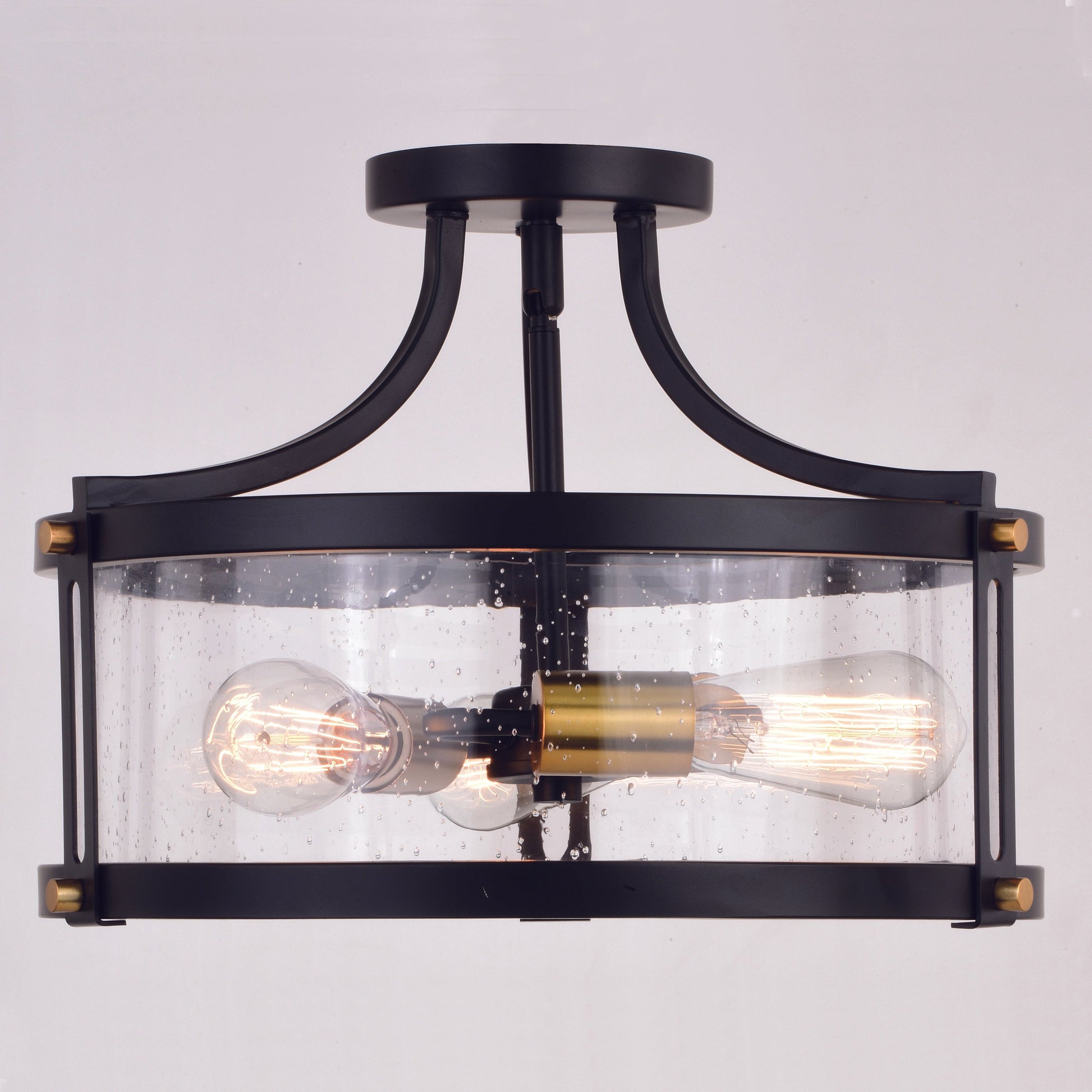 Vaxcel Holbrook 16" 3-Light Matte Black and Satin Brass Semi-Flush Mount Ceiling Light With Clear Seeded Glass Shades