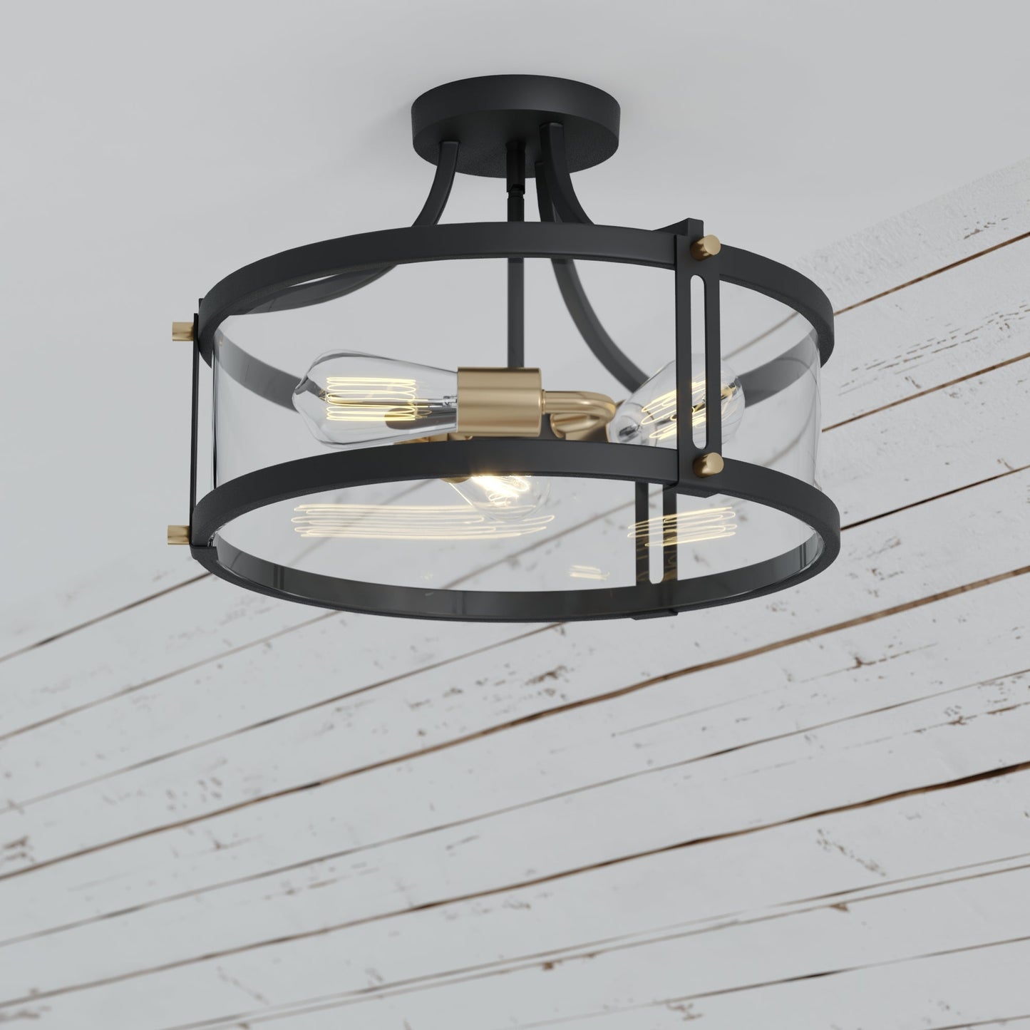 Vaxcel Holbrook 16" 3-Light Matte Black and Satin Brass Semi-Flush Mount Ceiling Light With Clear Seeded Glass Shades