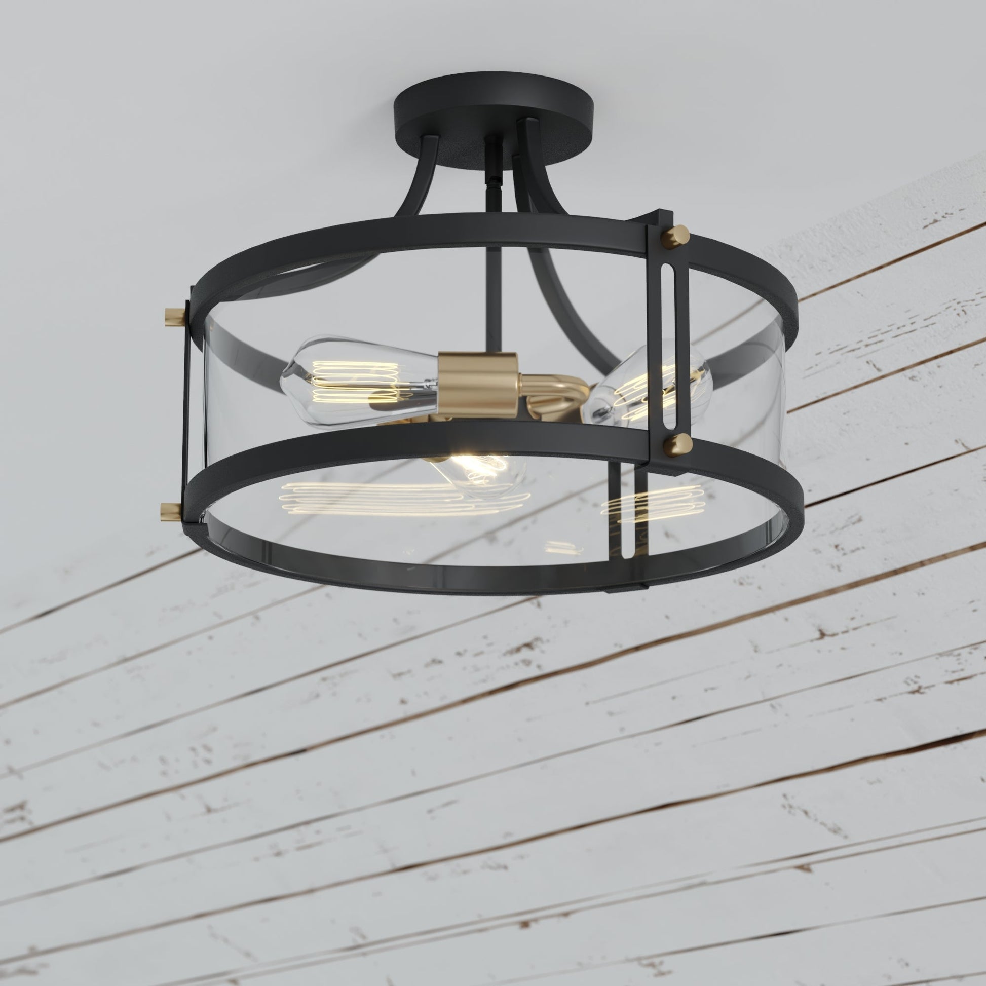 Vaxcel Holbrook 16" 3-Light Matte Black and Satin Brass Semi-Flush Mount Ceiling Light With Clear Seeded Glass Shades