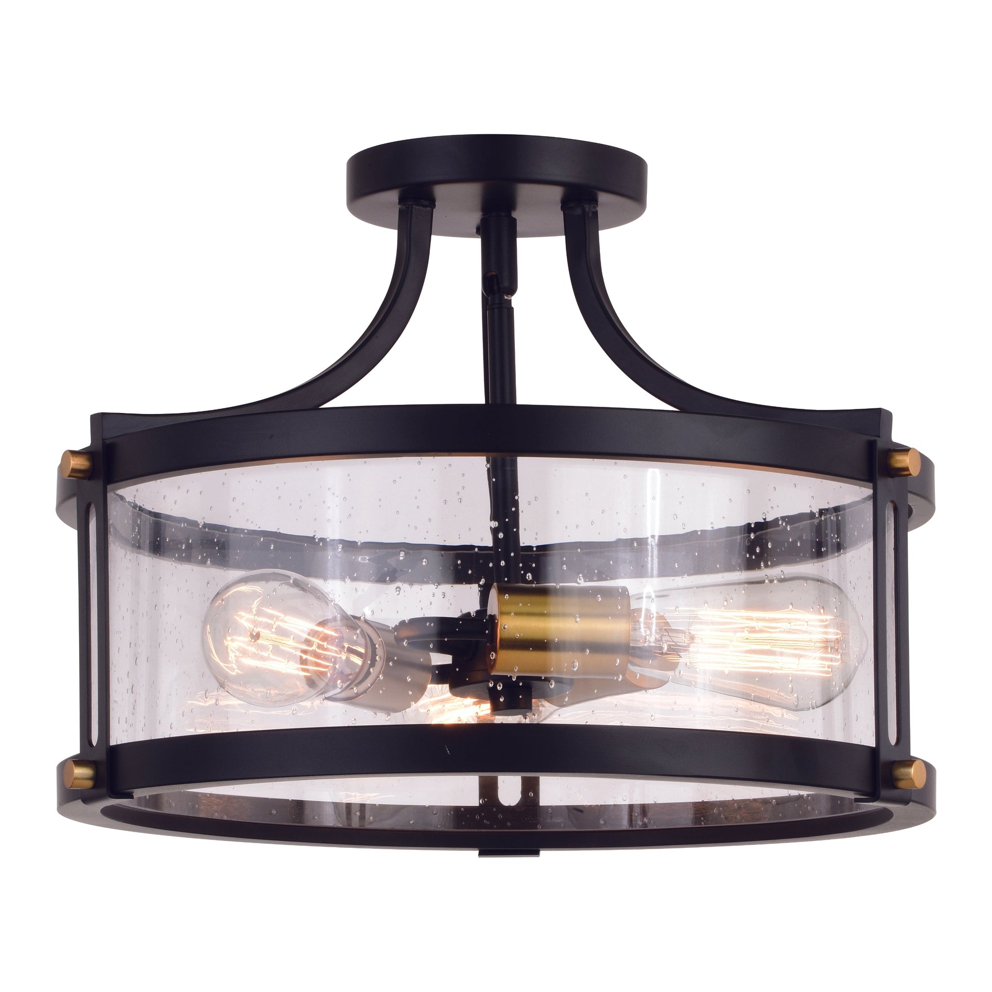 Vaxcel Holbrook 16" 3-Light Matte Black and Satin Brass Semi-Flush Mount Ceiling Light With Clear Seeded Glass Shades