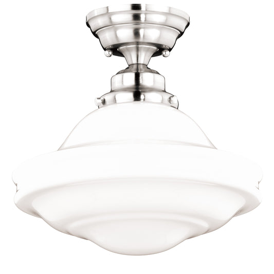 Vaxcel Huntley 1-Light 12" W Satin Nickel Farmhouse Schoolhouse Semi-Flush Mount Ceiling Light With Milk White Glass Shade