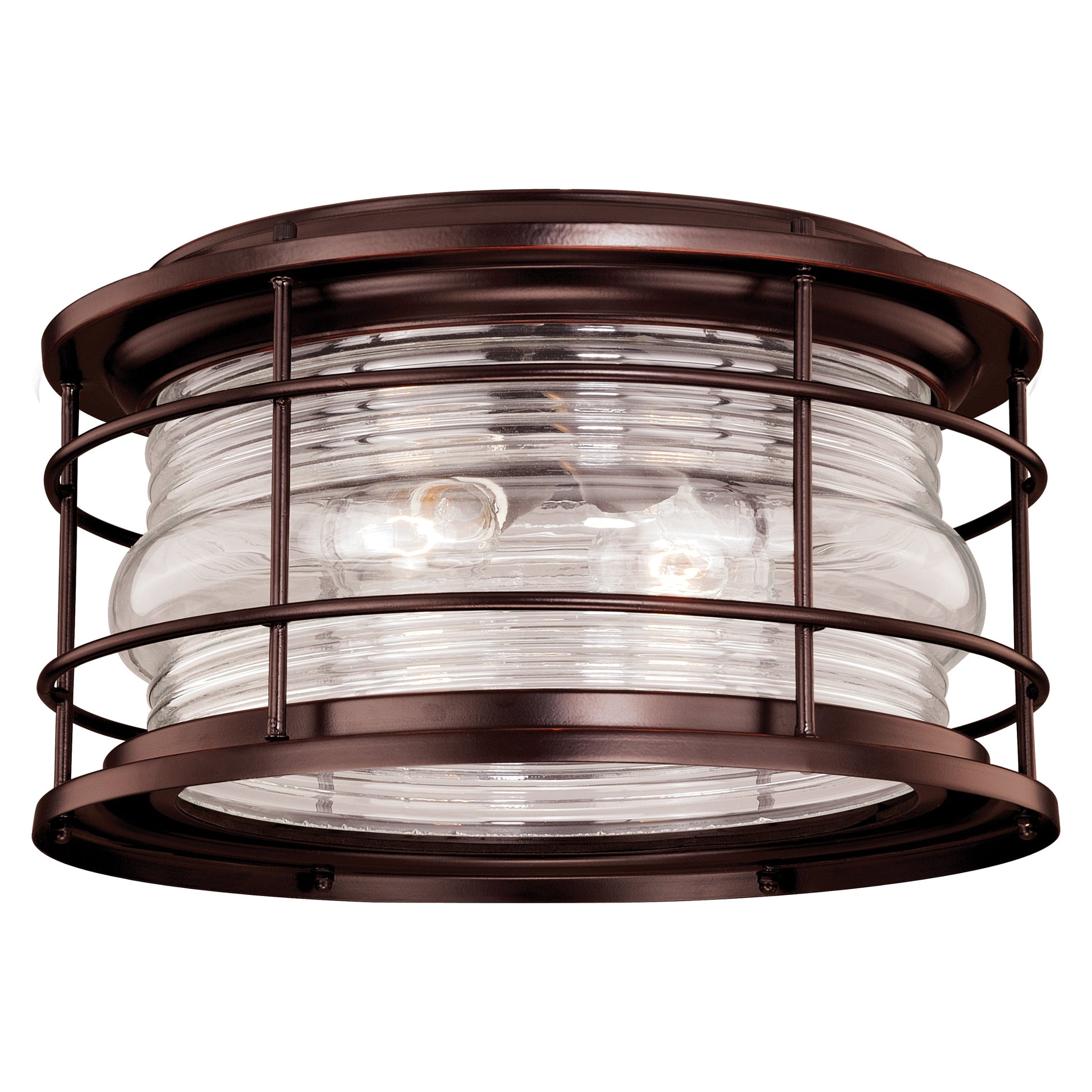 Vaxcel Hyannis Bronze Coastal Round Outdoor Flush Mount Ceiling Light With Clear Ribbed Glass Shade