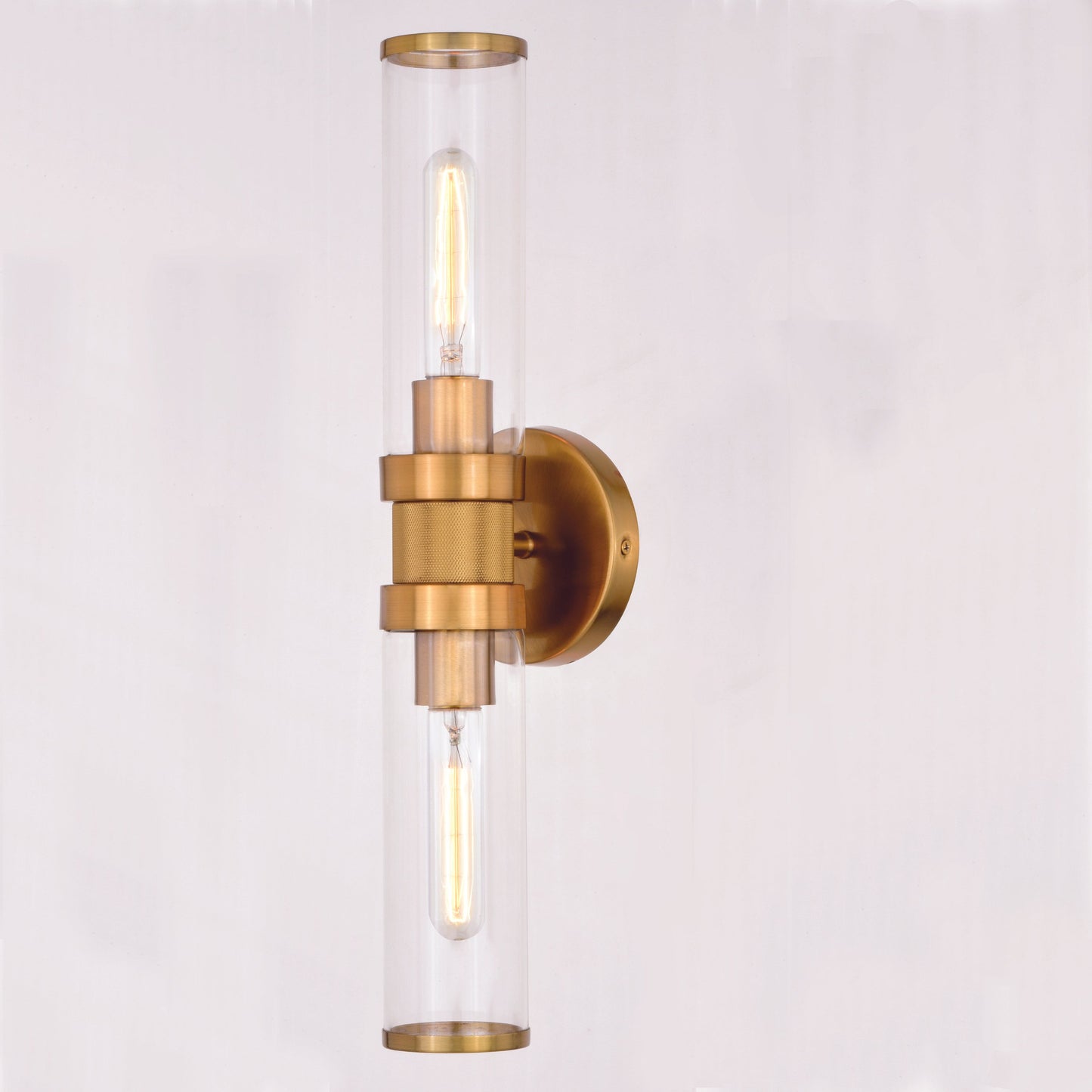 Vaxcel Levitt 2-Light Satin Brass Mid-Century Modern Industrial Bathroom Vanity Fixture Clear Glass