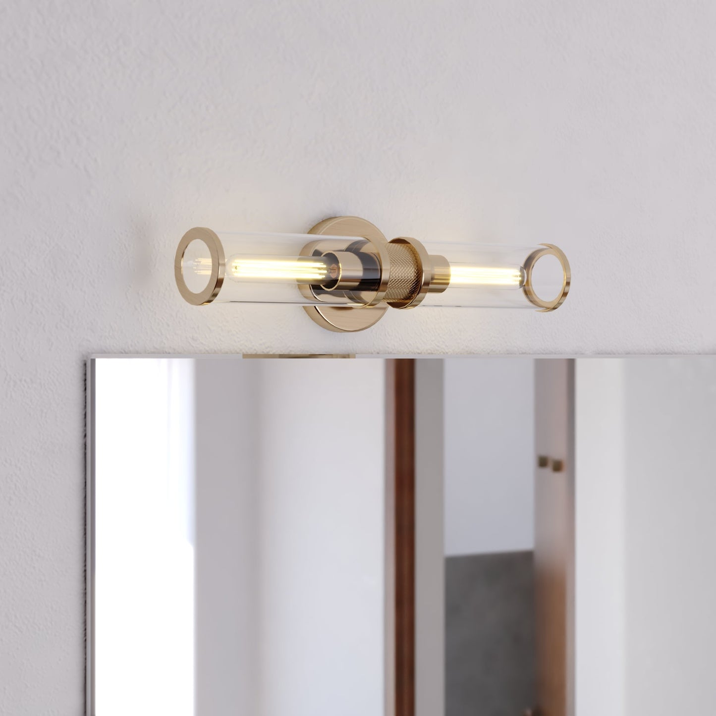 Vaxcel Levitt 2-Light Satin Brass Mid-Century Modern Industrial Bathroom Vanity Fixture Clear Glass