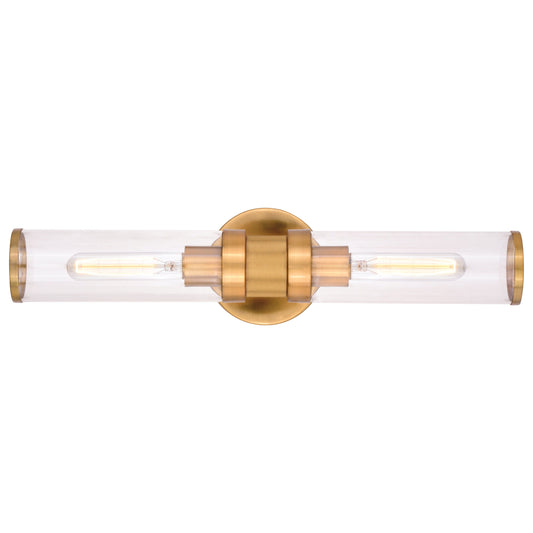 Vaxcel Levitt 2-Light Satin Brass Mid-Century Modern Industrial Bathroom Vanity Fixture Clear Glass