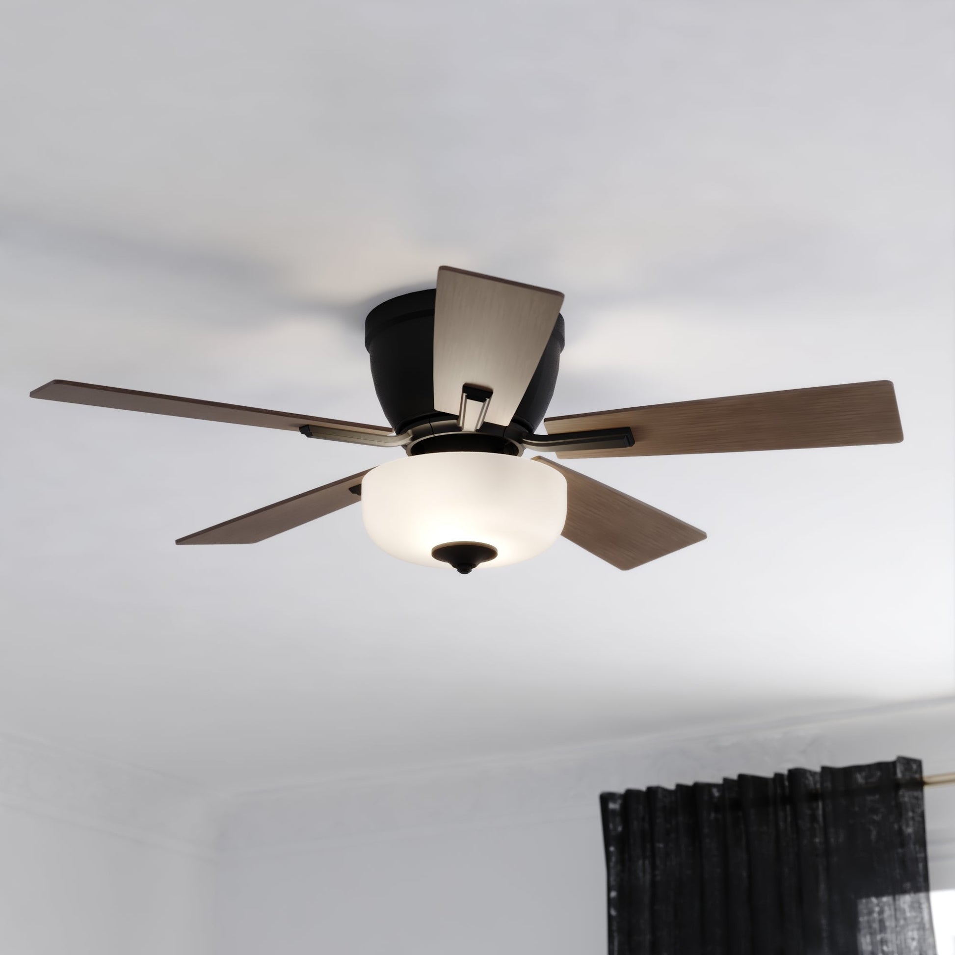 Vaxcel Lisbon 42" Black and Hickory Flush Mount Hugger Ceiling Fan with LED Light Kit and Pull Chain