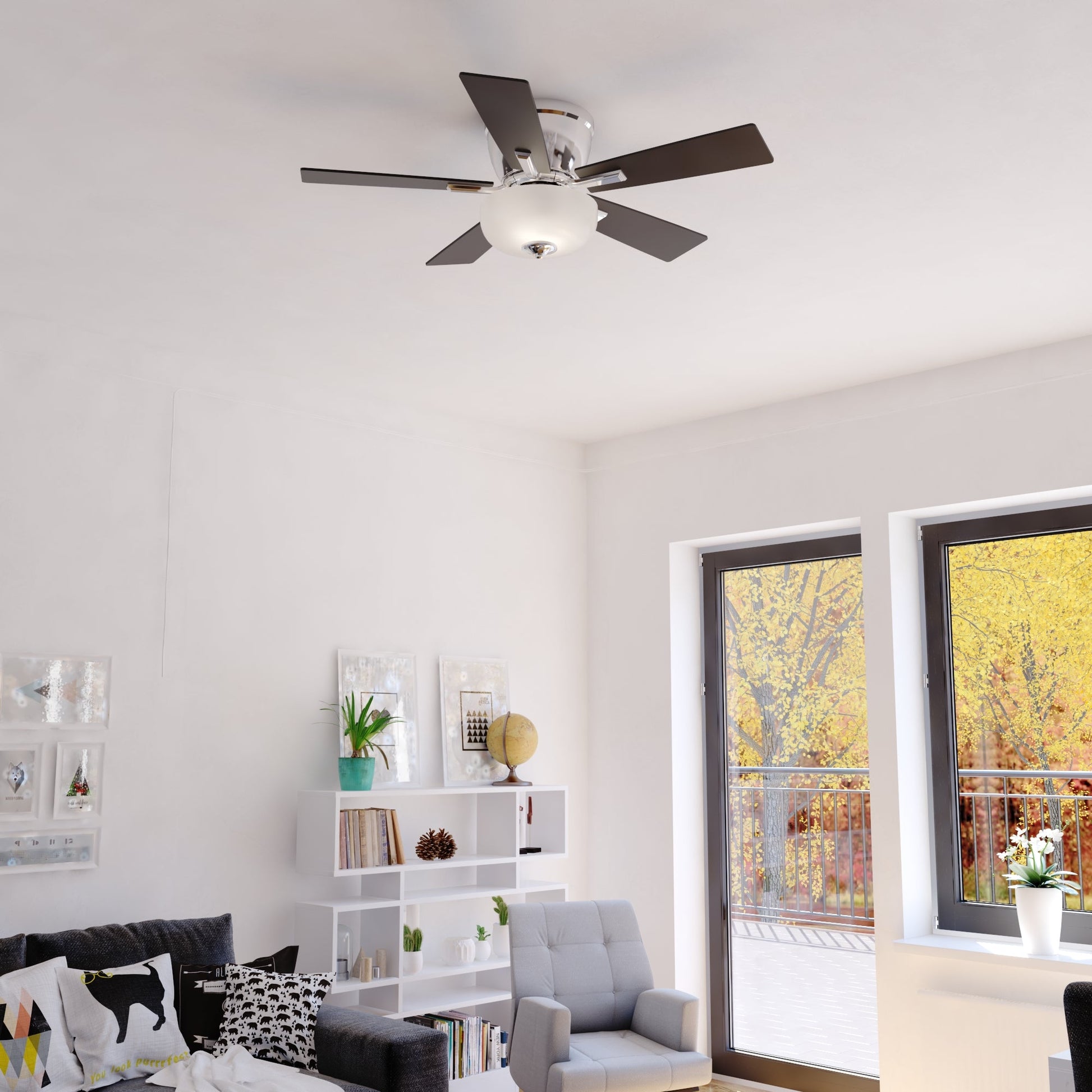 Vaxcel Lisbon 42" Nickel and Black Flush Mount Hugger Ceiling Fan with LED Light Kit and Pull Chain