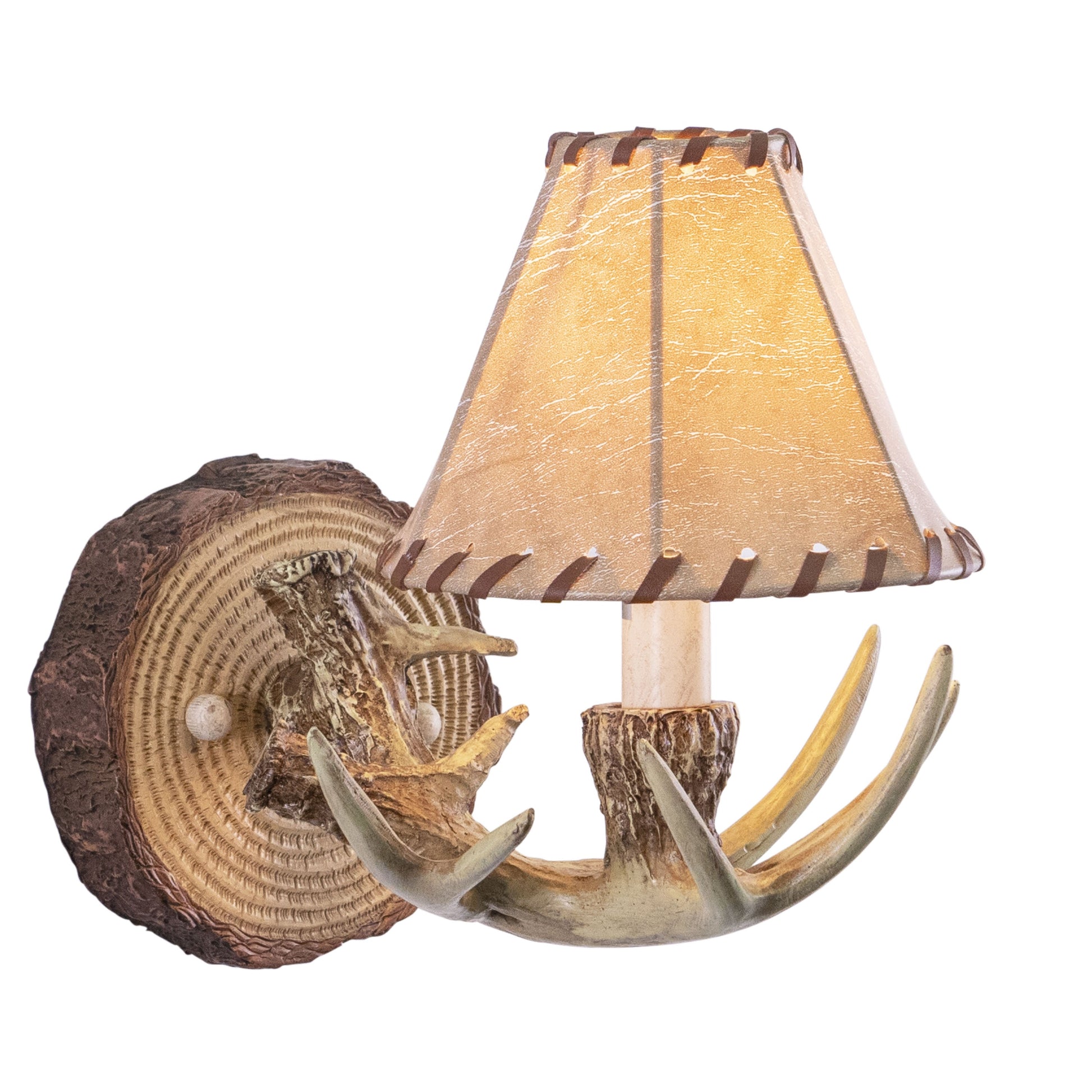 Vaxcel Lodge 1-Light Rustic Wood Antler Armed Wall Sconce Faux Leather Shade