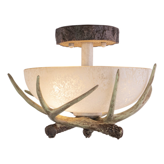 Vaxcel Lodge 12" W Cream Rustic Antler Bowl Semi Flush Mount Ceiling Light Cream Glass