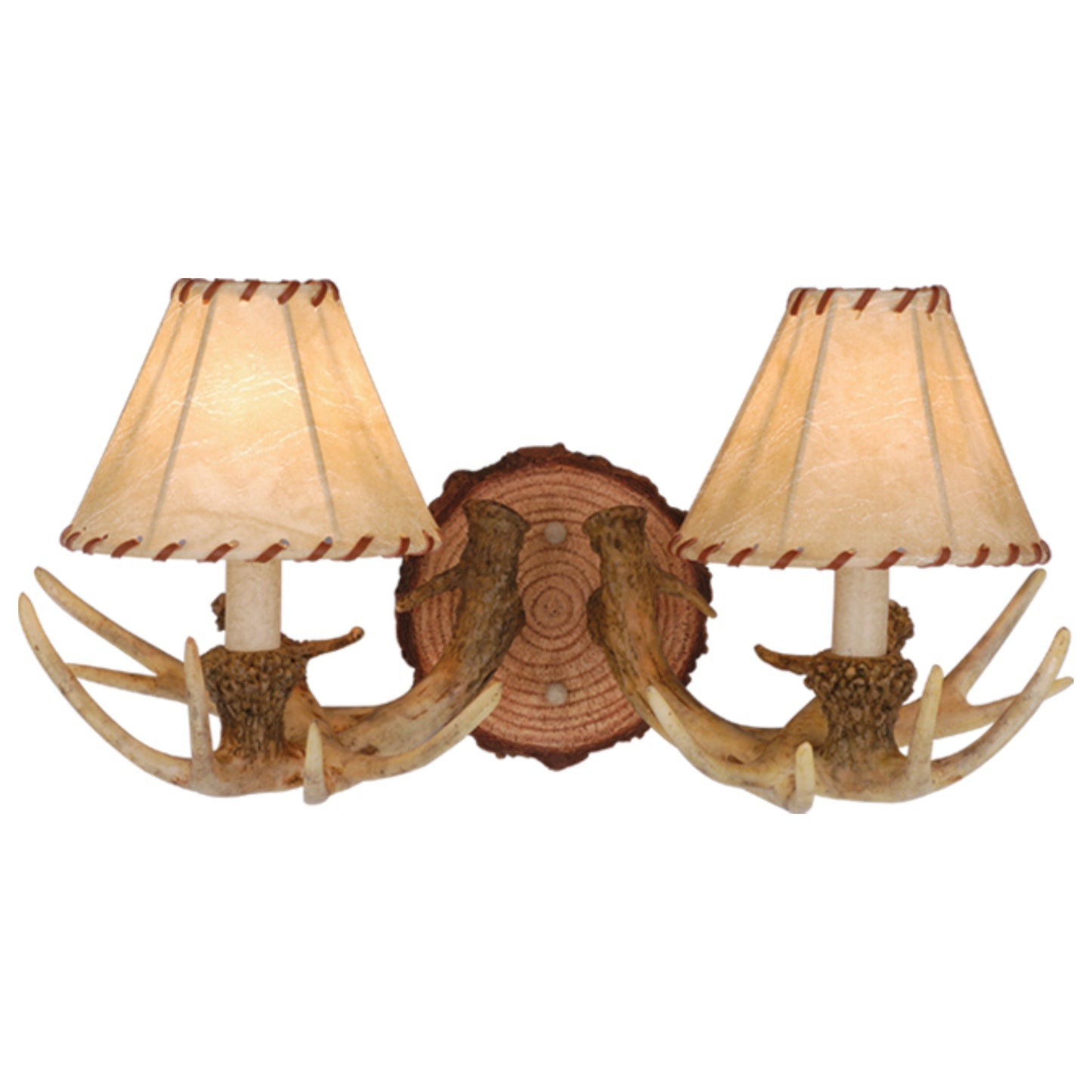 Vaxcel Lodge 2-Light Rustic Wood Antler Armed Wall Sconce Faux Leather Shade