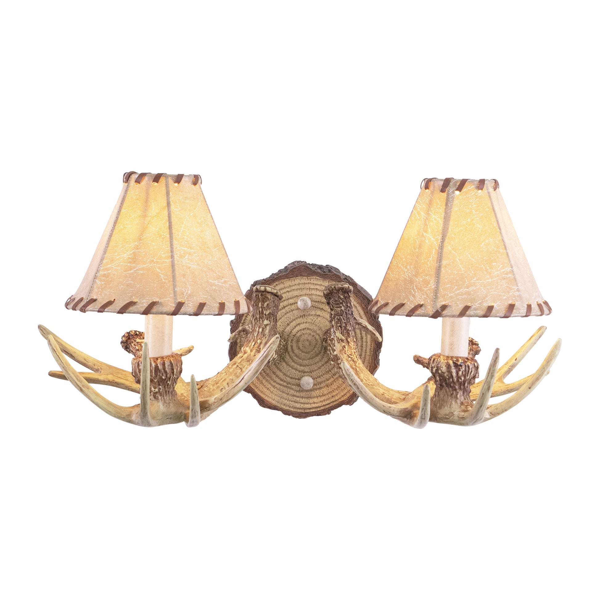 Vaxcel Lodge 2-Light Rustic Wood Antler Armed Wall Sconce Faux Leather Shade