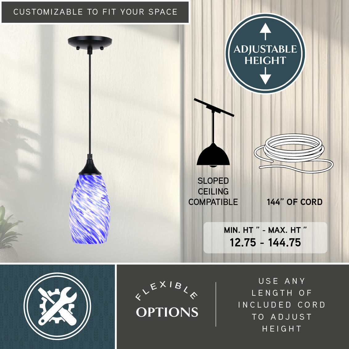 Vaxcel Milano 4.75-in. Mini Pendant Azzura Glass Matte Black