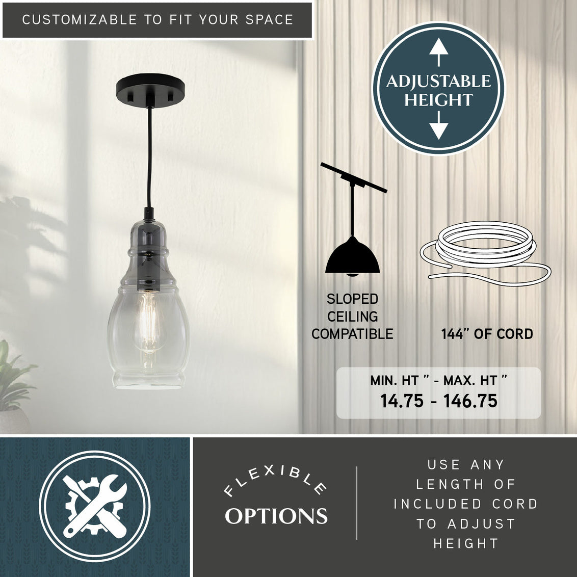 Vaxcel Millie 11.75-in.H Mini Pendant Matte Black with Smoke Glass
