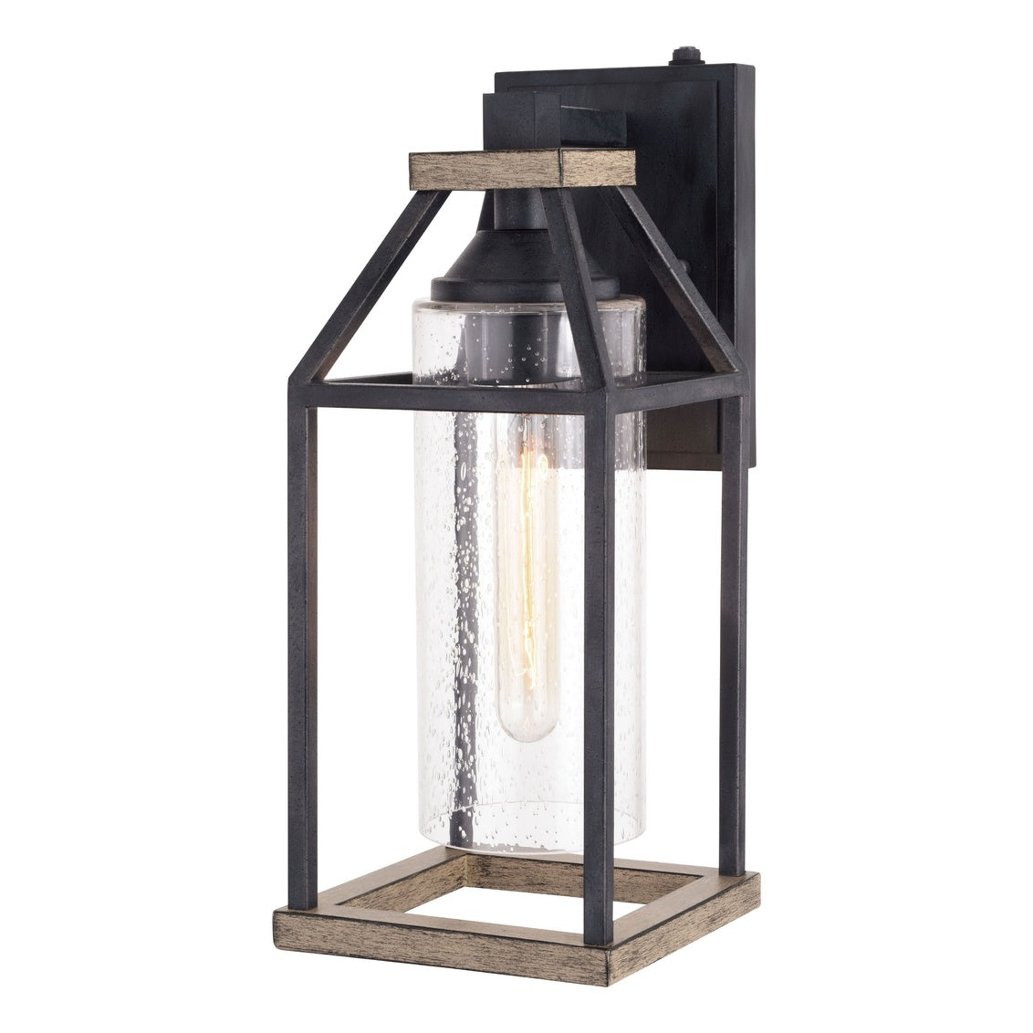 Vaxcel Napier 6.25" Black and Wood Outdoor Farmhouse Wall Lantern, Dusk-to-Dawn Photocell, 1-Light Wall Lamp Sconce, Clear Seeded Glass