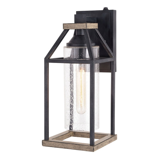 Vaxcel Napier 6.25" Black and Wood Outdoor Farmhouse Wall Lantern, Dusk-to-Dawn Photocell, 1-Light Wall Lamp Sconce, Clear Seeded Glass
