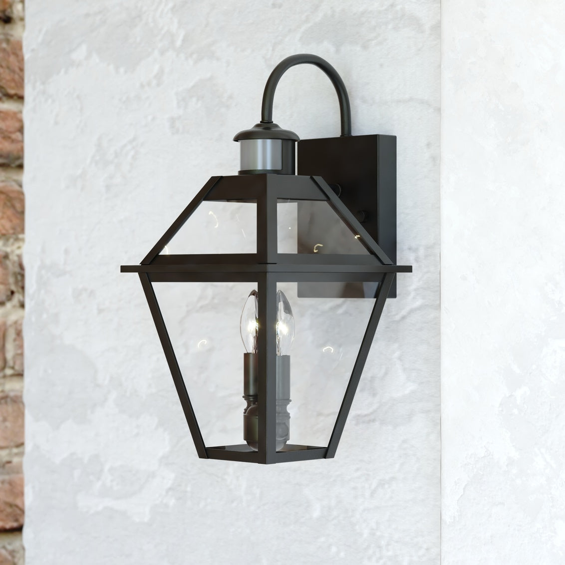 Vaxcel Nottingham 8.5" W 2-Light Black Motion Sensor Dusk-to-Dawn Outdoor Wall Lantern Clear Glass