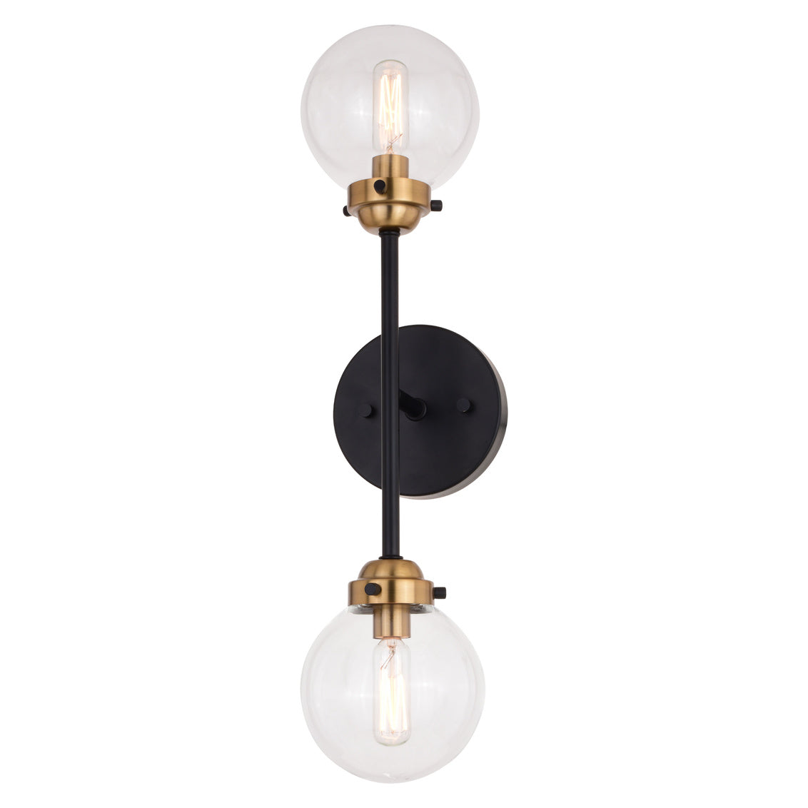 Vaxcel Orbit 2-Light Brass and Oil Rubbed Bronze Industrial MCM Wall Sconce Clear Glass Globe