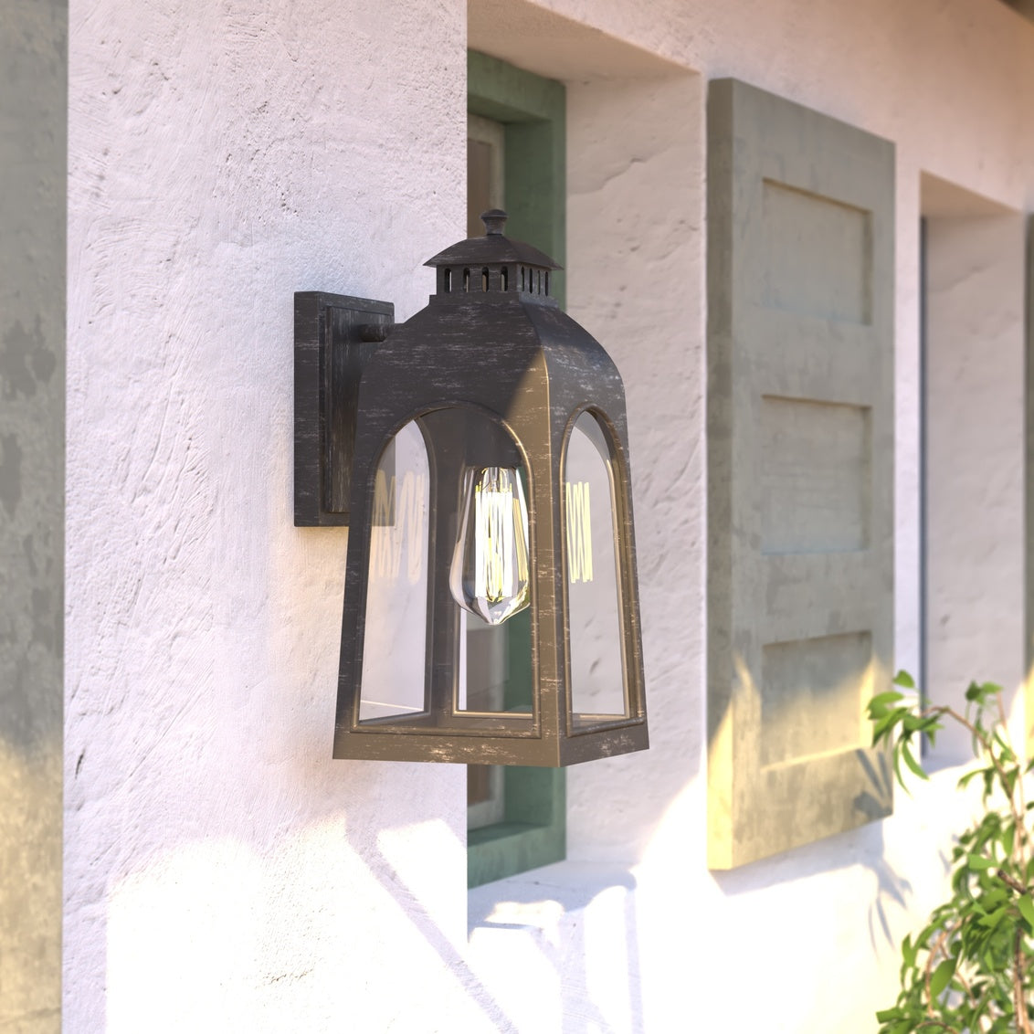 Vaxcel Pilsen 6.5" Charcoal Black Outdoor Wall Lantern, Dusk-to-Dawn Photocell, 1-Light Wall Lamp Sconce with Clear Glass Panels