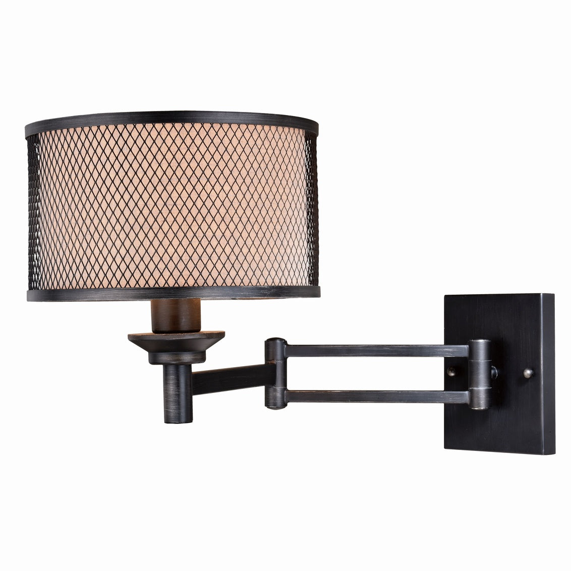 Vaxcel Polk Plug" Black Motion Sensor Swing Arm Wall Lamp Beige Linen Drum Shade