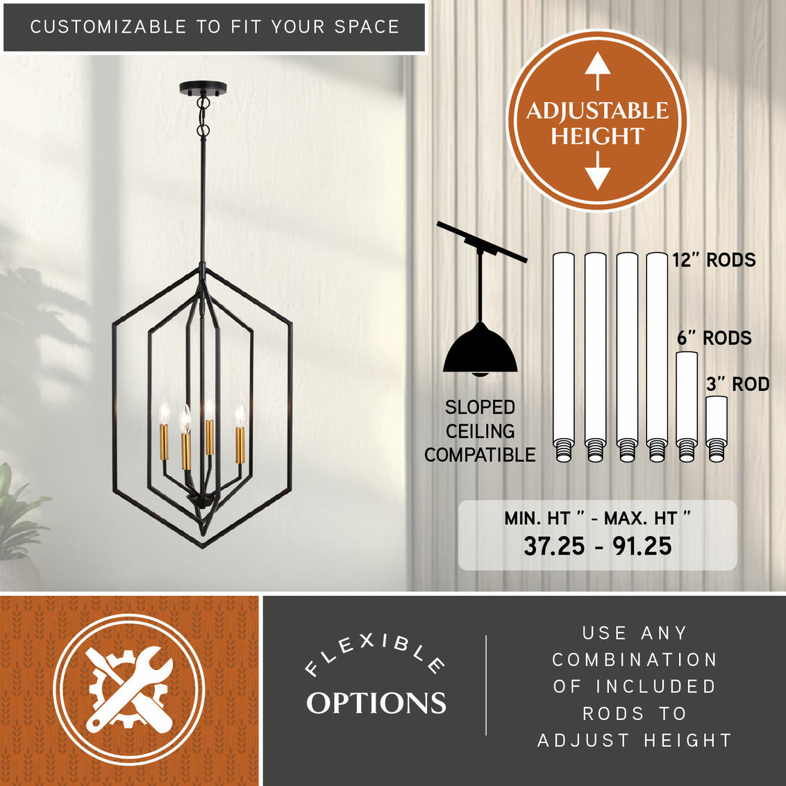 Vaxcel Riley 18-in. 4 Light Pendant Black and Satin Brass