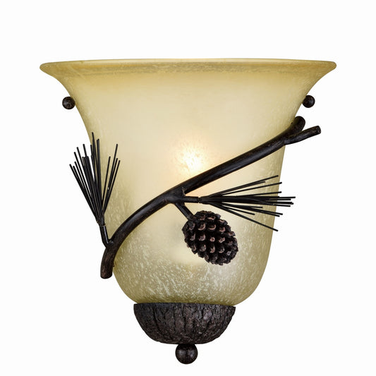 Vaxcel Sierra 1-Light Bronze Rustic Pinecone Half Moon Wall Sconce Cream Glass