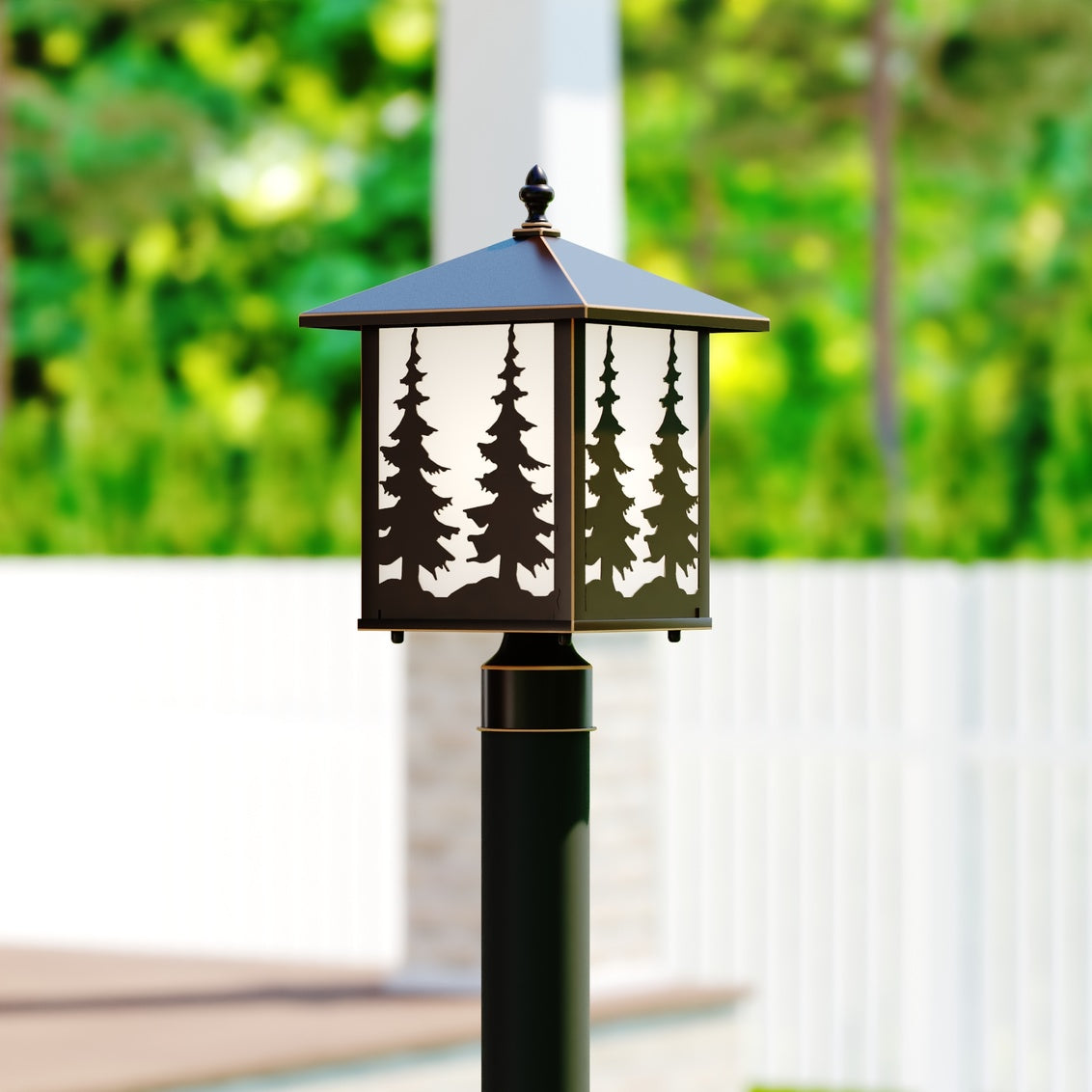 Vaxcel Yosemite 1-Light Bronze Rustic Outdoor Tree Post Light White Glass