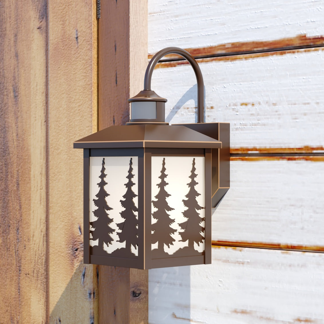 Vaxcel Yosemite Bronze Motion Sensor Dusk-to-Dawn Rustic Outdoor Wall Light White Glass