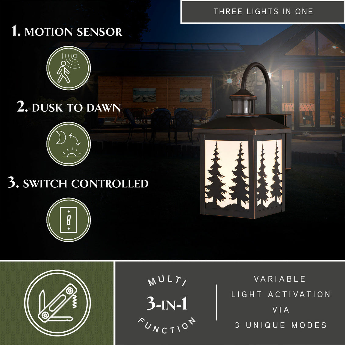 Vaxcel Yosemite Bronze Motion Sensor Dusk-to-Dawn Rustic Outdoor Wall Light White Glass