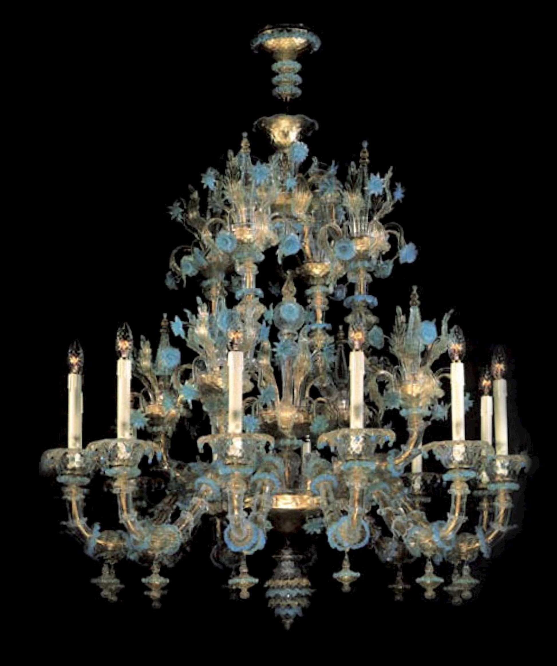Vetreria Artistica Rosa Abbazia 12-Lights Gold and Light Blue Glass Chandelier