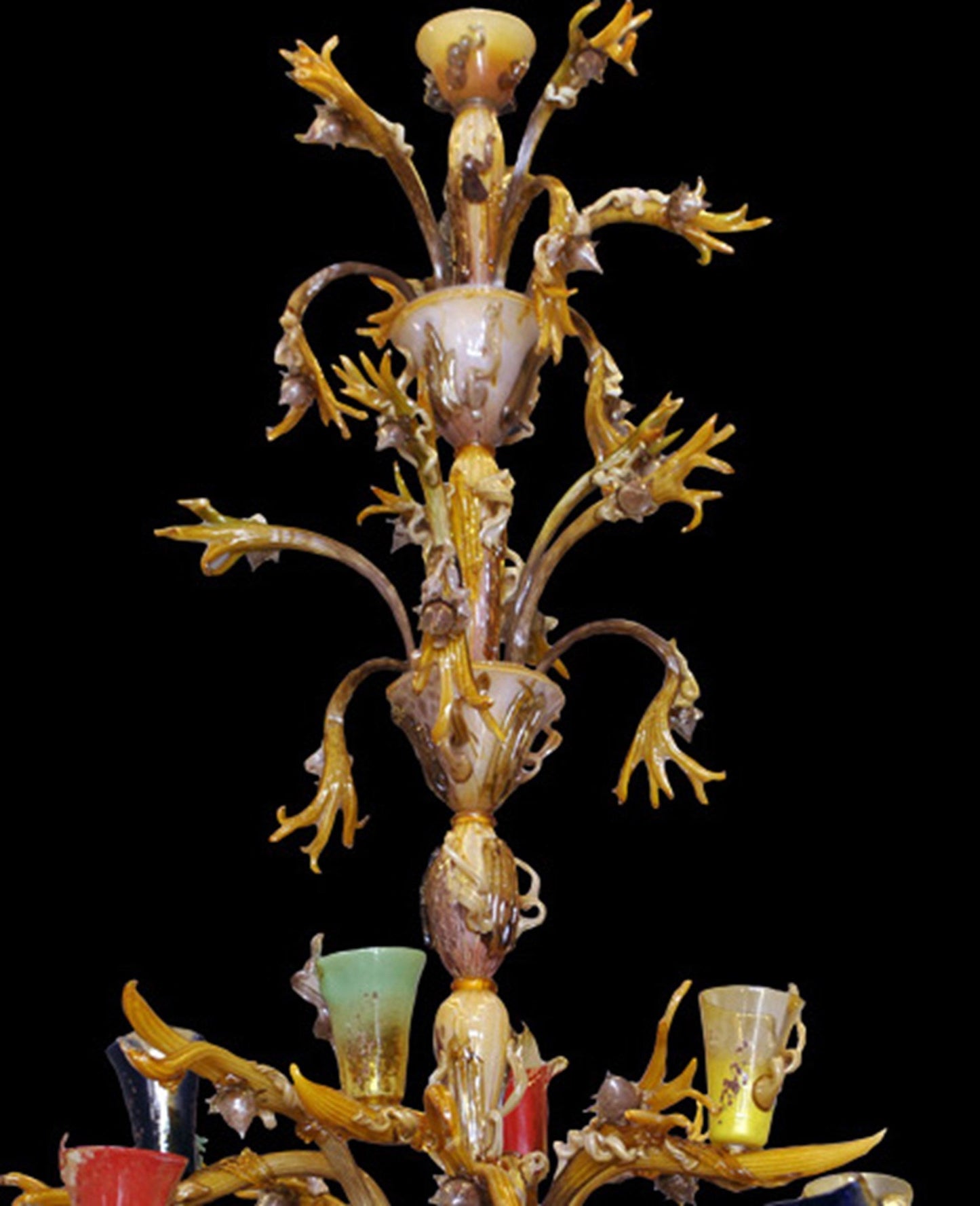 Vetreria Artistica Rosa Albero 12-Lights Amber Base With Polychrome Cups and Silver Leaves Glass Chandelier