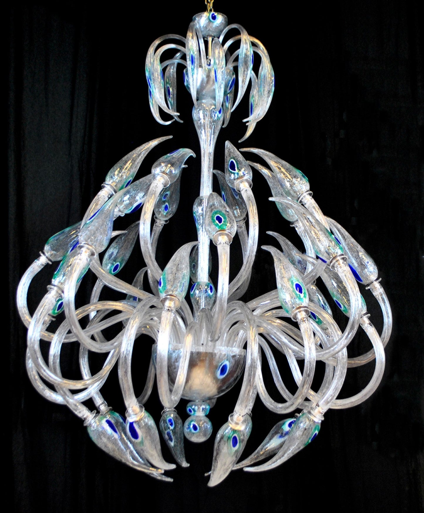 Vetreria Artistica Rosa Ali di Pavone 32-Lights Blue and Green Crystal Glass Chandelier