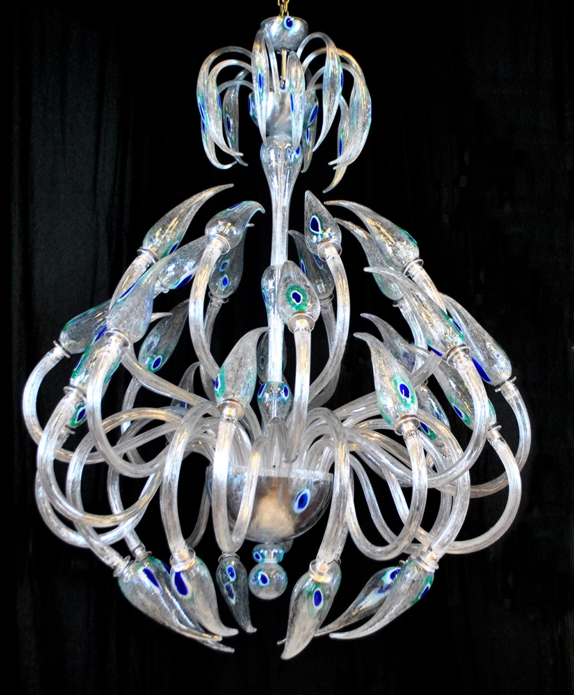 Vetreria Artistica Rosa Ali di Pavone 32-Lights Blue and Green Crystal Glass Chandelier