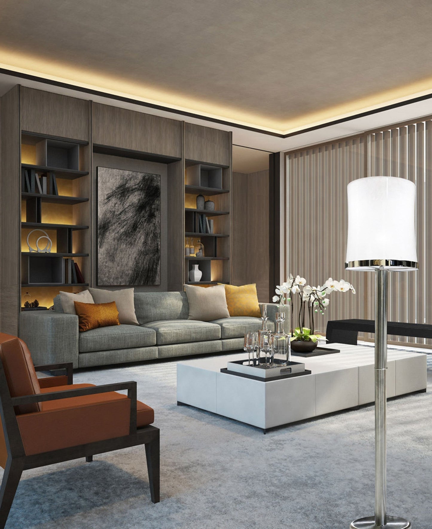 Vetreria Artistica Rosa Arianna 76" Satin Chrome Frame With Sandblasted Tapered Drum Glass Shade Floor Lamp