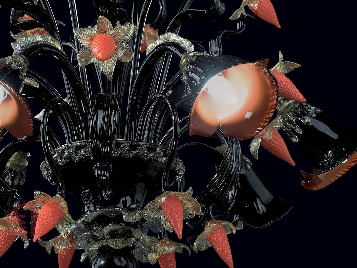 Vetreria Artistica Rosa Bach 6-Lights Black Base With Orange Flower Accent Glass Chandelier