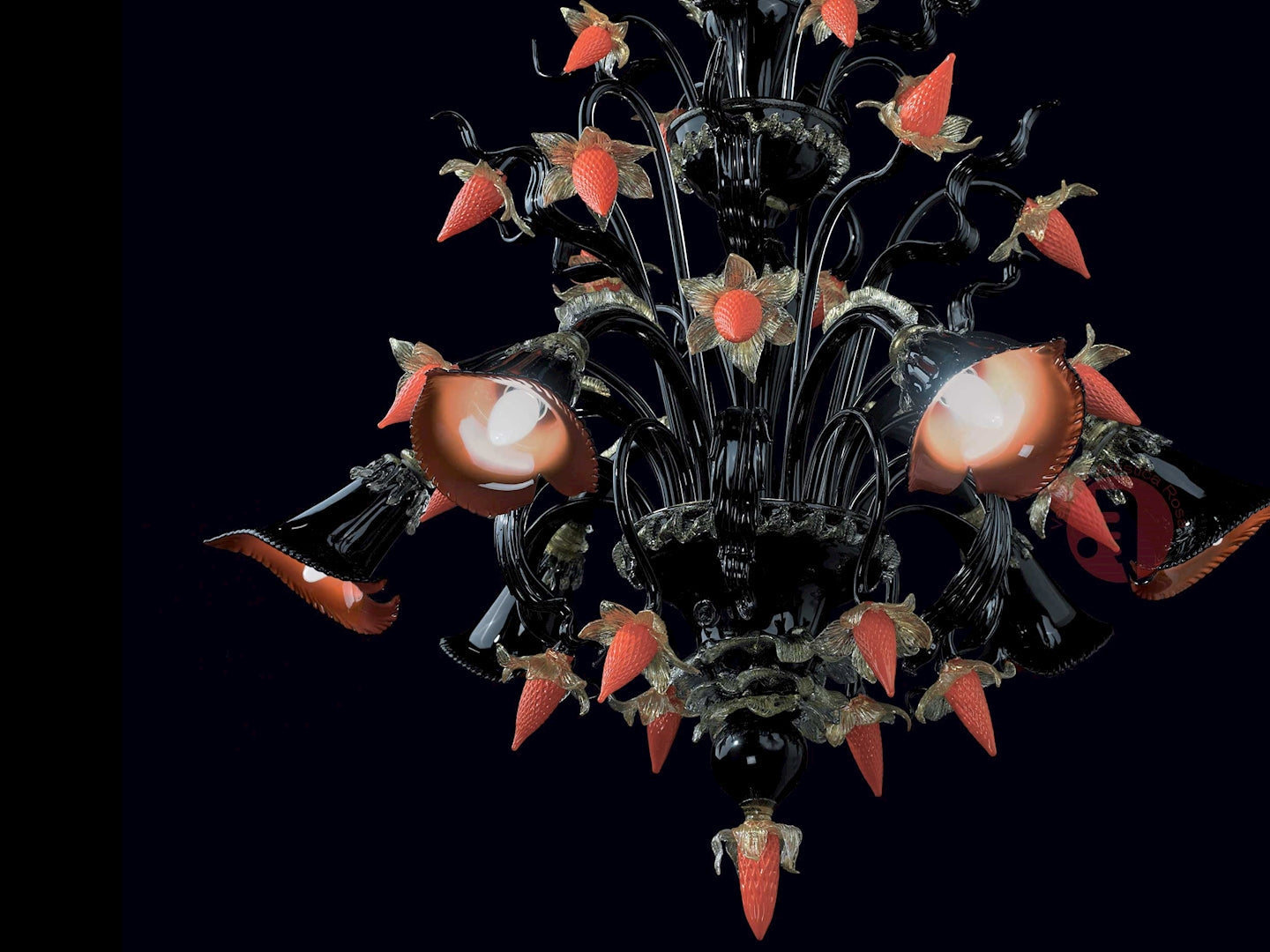 Vetreria Artistica Rosa Bach 6-Lights Black Base With Orange Flower Accent Glass Chandelier