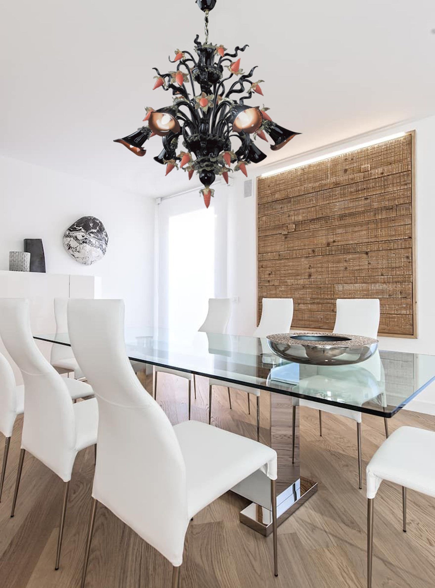 Vetreria Artistica Rosa Bach 6-Lights Black Base With Orange Flower Accent Glass Chandelier