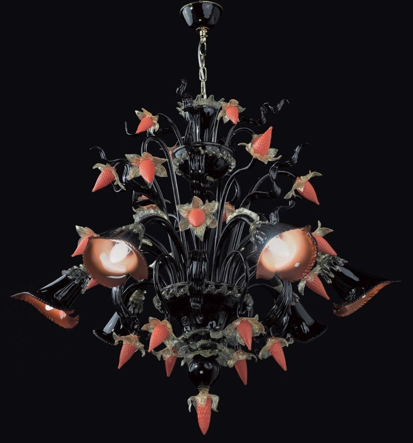 Vetreria Artistica Rosa Bach 6-Lights Black Base With Orange Flower Accent Glass Chandelier
