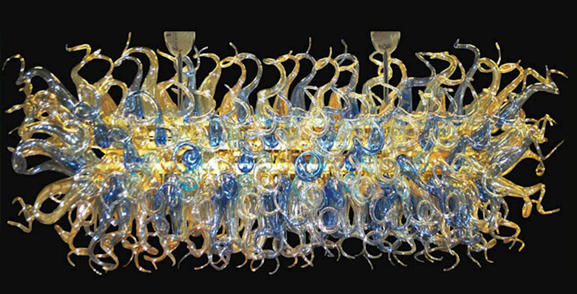 Vetreria Artistica Rosa Binario Fiamme 40-Lights Blue and Yellow Crytal Flame Glass Chandelier