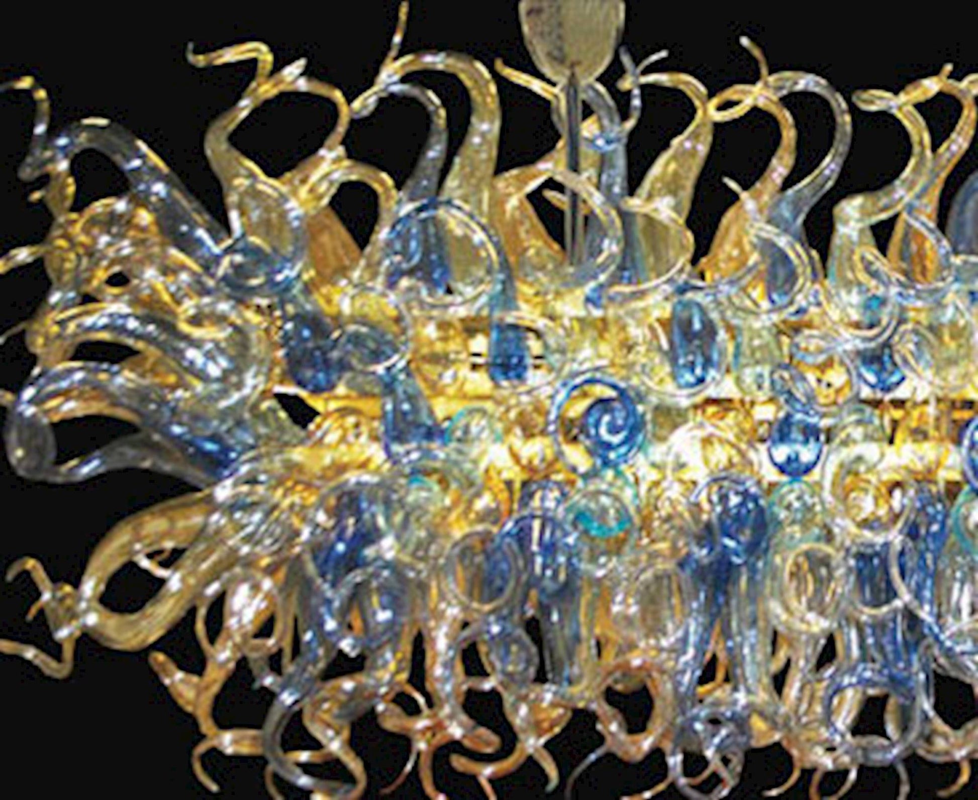 Vetreria Artistica Rosa Binario Fiamme 40-Lights Blue and Yellow Crytal Flame Glass Chandelier