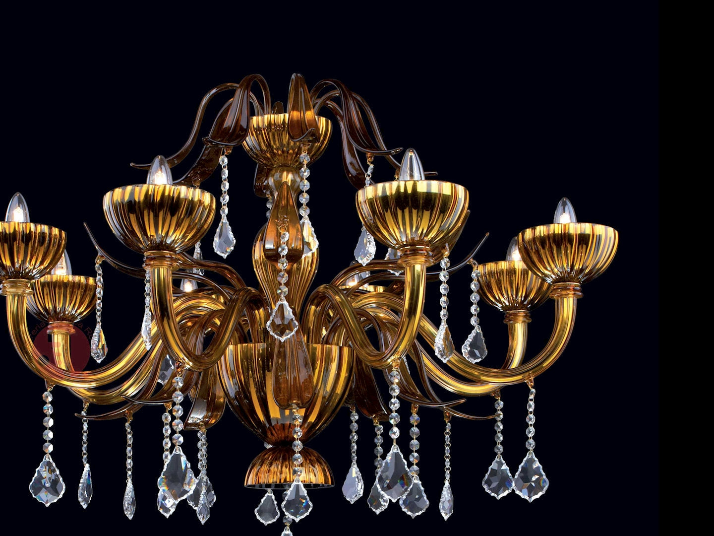 Vetreria Artistica Rosa Bronzo 8-Lights Bronze Base With Dark Amber Leaves and Crytal Pendants Glass Chandelier