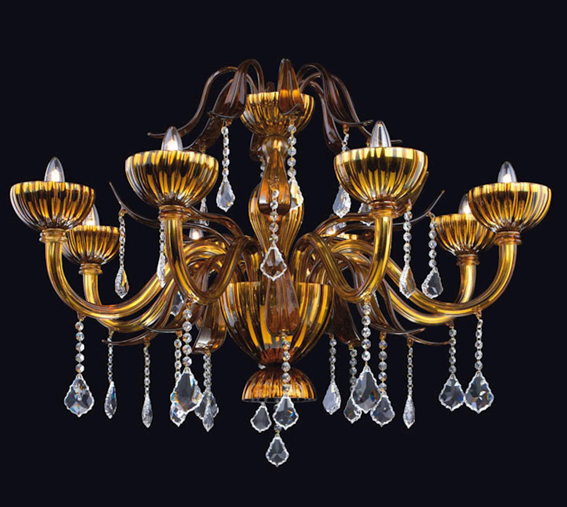 Vetreria Artistica Rosa Bronzo 8-Lights Bronze Base With Dark Amber Leaves and Crytal Pendants Glass Chandelier