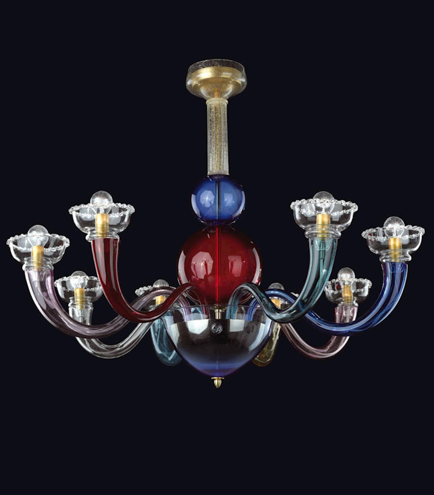 Vetreria Artistica Rosa Campiello 8-Lights Gold Base With Multi-Colored Artistic Design Glass Chandelier
