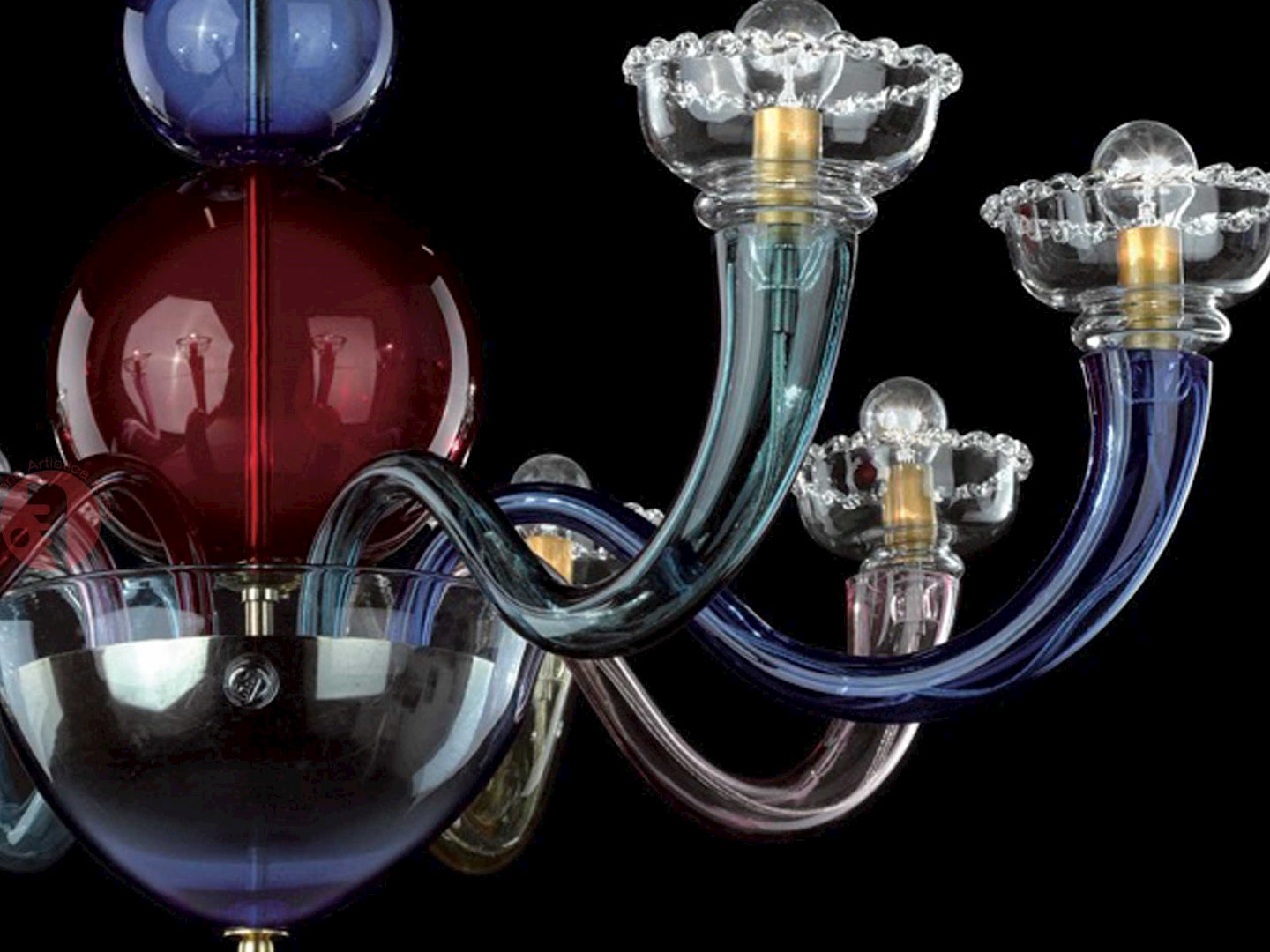 Vetreria Artistica Rosa Campiello 8-Lights Gold Base With Multi-Colored Artistic Design Glass Chandelier
