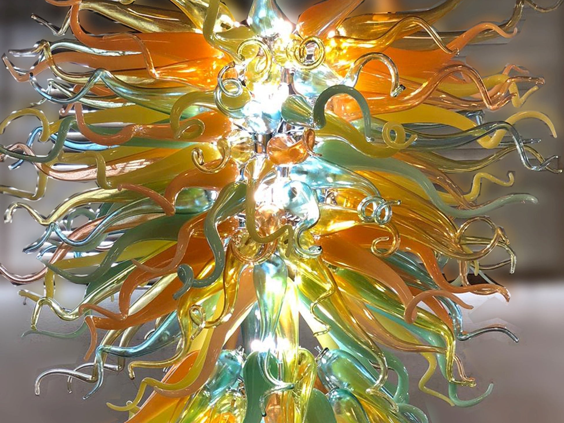 Vetreria Artistica Rosa Carnevale 20-Lights Orange and Green Flame Glass Chandelier