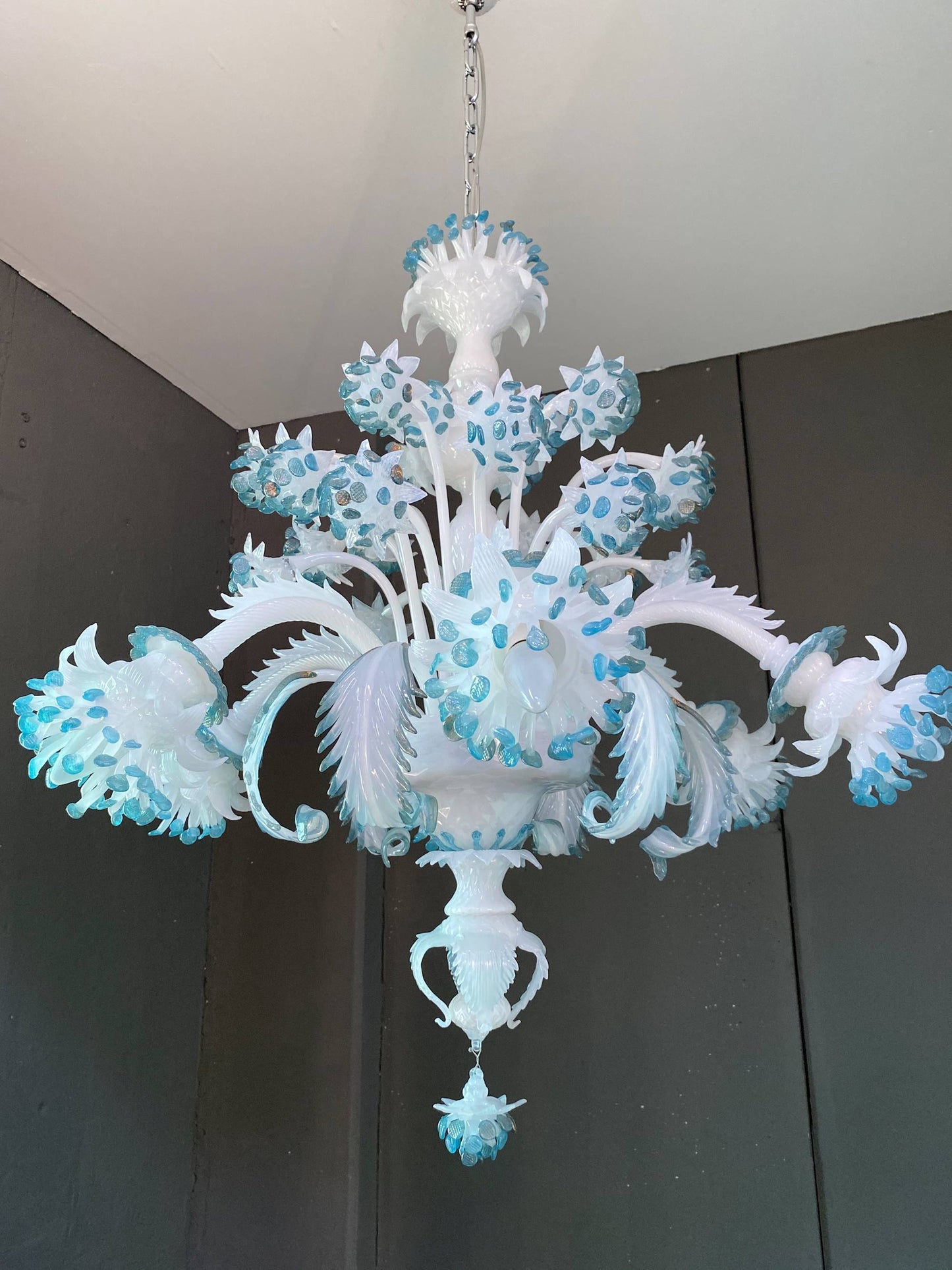 Vetreria Artistica Rosa Corallo 6-Lights Blue and Silver Flower Accent Glass Chandelier