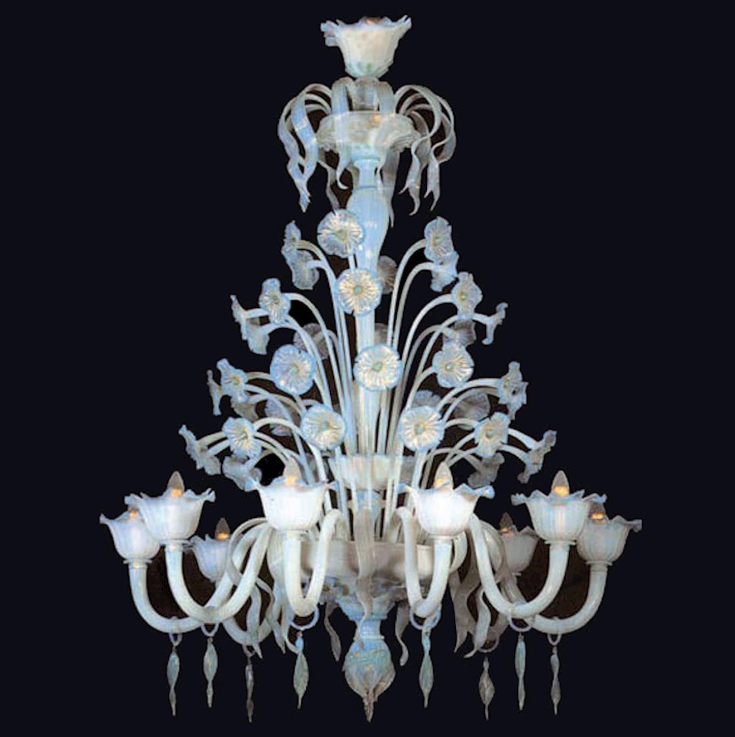 Vetreria Artistica Rosa Dekster 6-Lights Opaline and Sky Blue Color With Gold Details Glass Chandelier